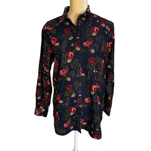 Cabin Creek Floral Corduroy Button Up Shirt Women's Medium Red Roses Vintage